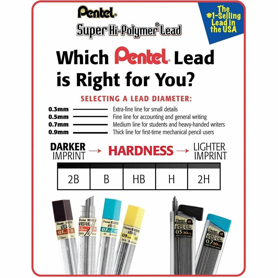 Pentel Super Hi-Polymer Lead Refills for Mechanical Pencils, 12 Leads Per Tube, B Grade, Dark Soft Lead For Sketching, 0.7mm Medium Point