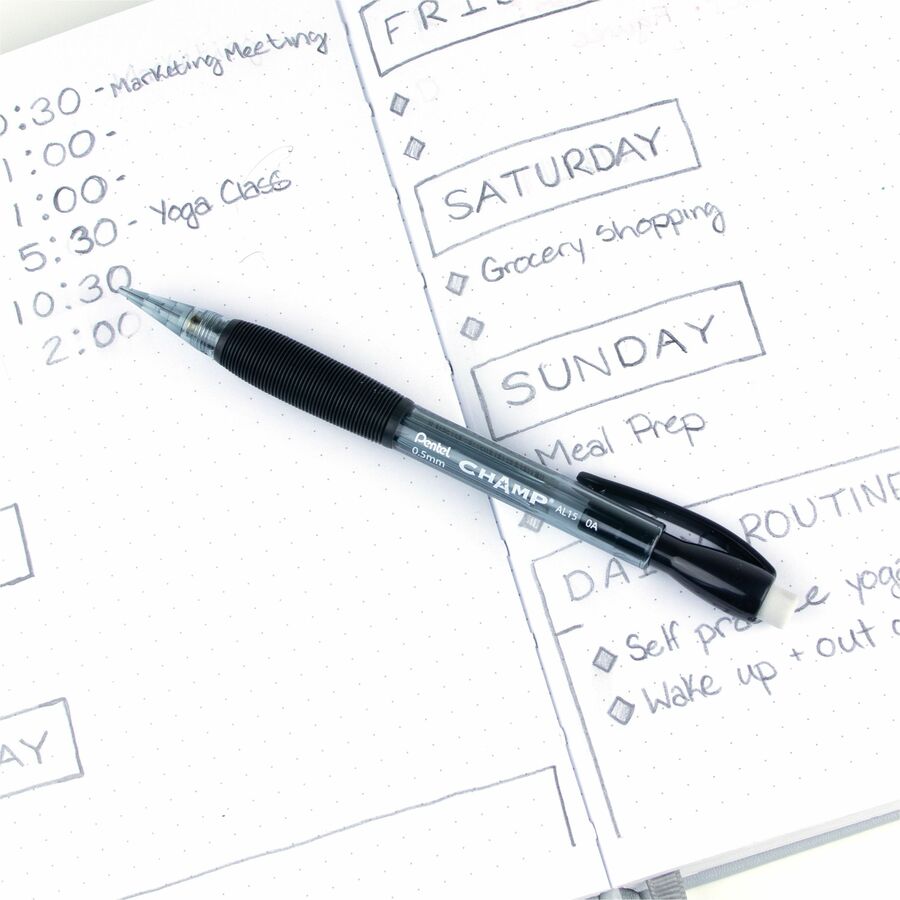 Pentel Champ Mechanical Pencils - 0.5 mm Black Lead - #2 - Refillable - Black Barrel - 1 Dozen