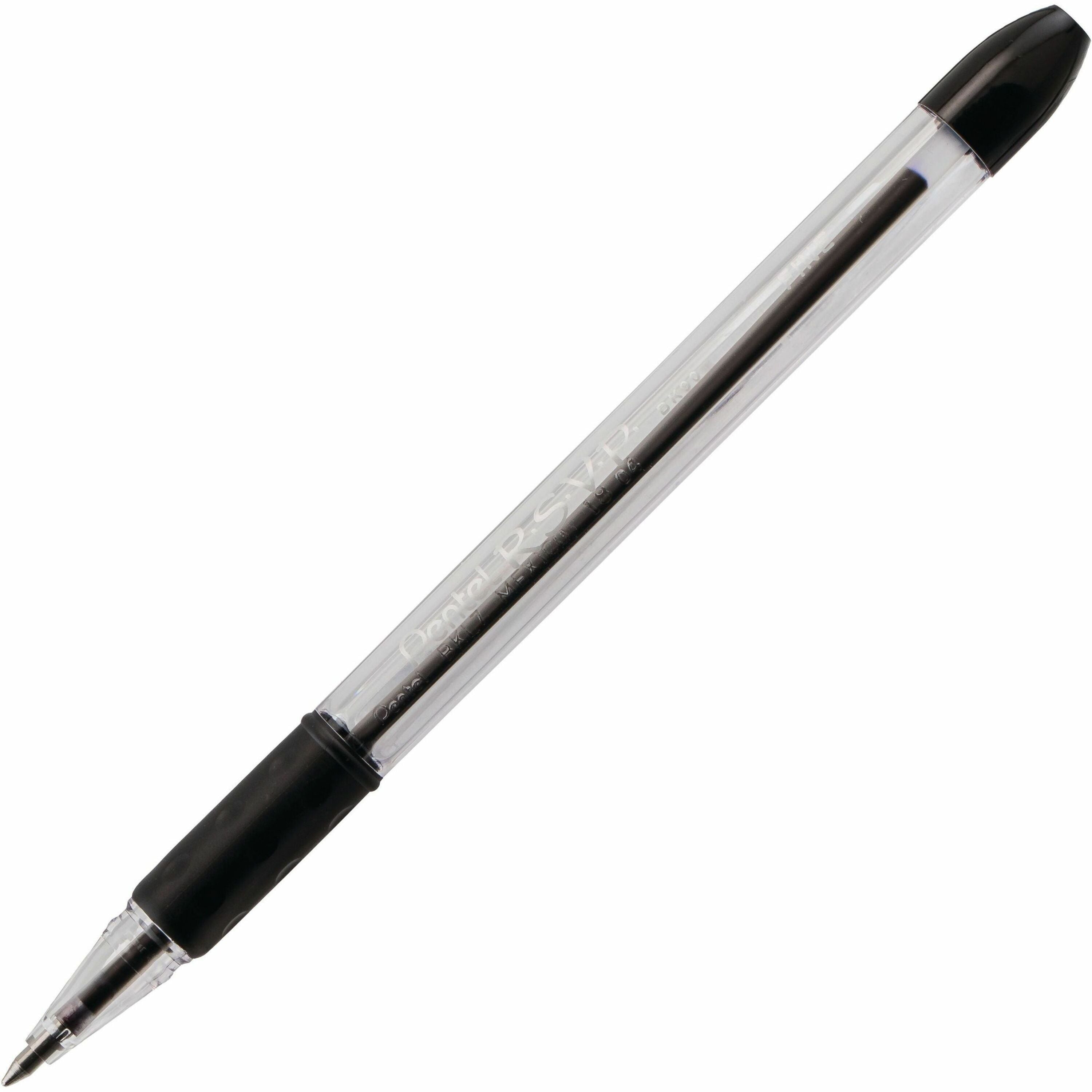 Pentel R.S.V.P. Ballpoint Stick Pens - 0.7 mm Fine Pen Point - Refillable - Black Ink - Clear Barrel - 1 Dozen