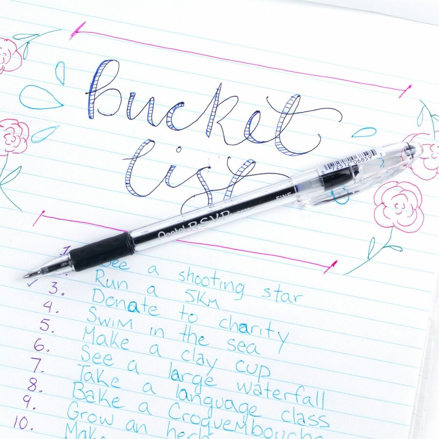 Pentel R.S.V.P. Ballpoint Stick Pens - 0.7 mm Fine Pen Point - Refillable - Black Ink - Clear Barrel - 1 Dozen