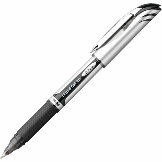 Pentel EnerGel Deluxe Rollerball Pen - 0.7 mm Medium Pen Point - Refillable - Black Ink - Gel-based - Silver Barrel - 12 / Box