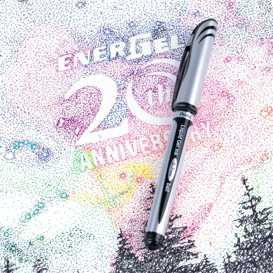 Pentel EnerGel Deluxe Rollerball Pen - 0.7 mm Medium Pen Point - Refillable - Black Ink - Gel-based - Silver Barrel - 12 / Box