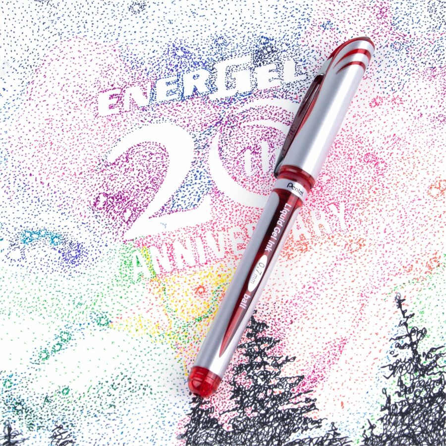 Pentel EnerGel Deluxe Rollerball Pen - 0.7 mm Medium Pen Point - Refillable - Red Ink - Gel-based - Silver Barrel - 12 / Box
