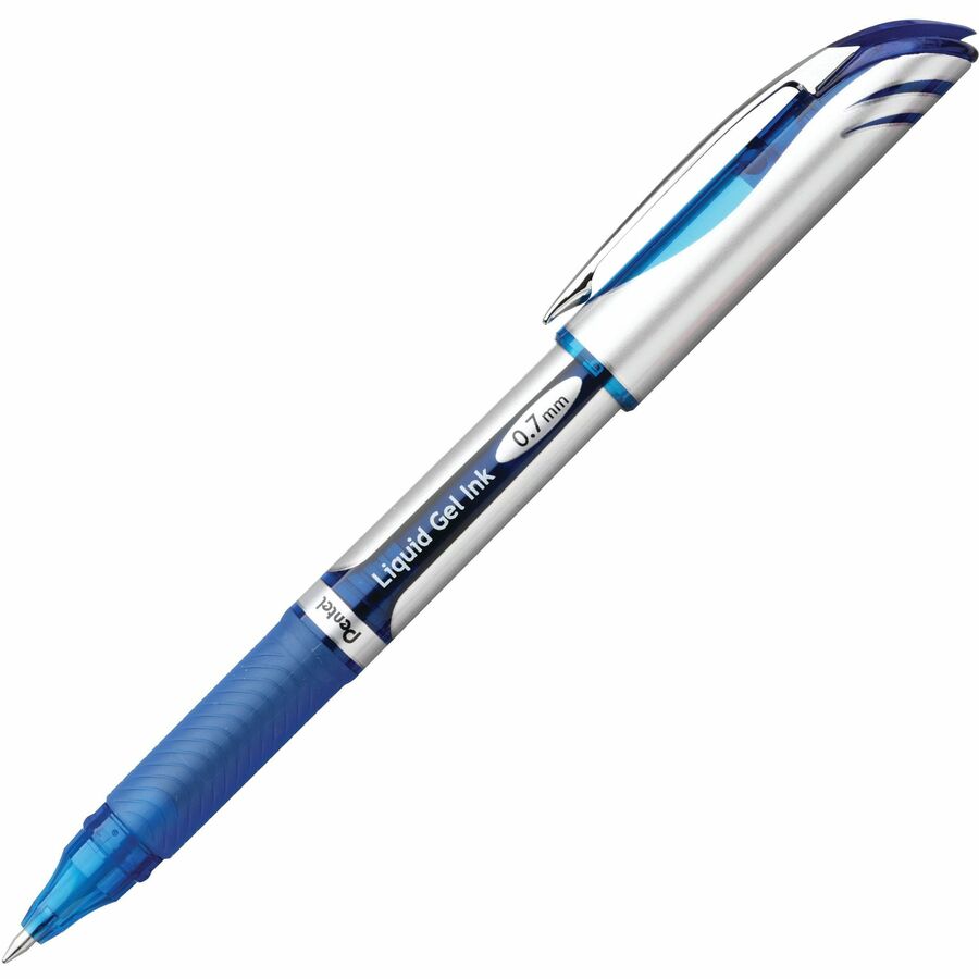 Pentel EnerGel Deluxe Rollerball Pen - 0.7 mm Medium Pen Point - Refillable - Blue Ink - Gel-based - Silver Barrel - 12 / Box