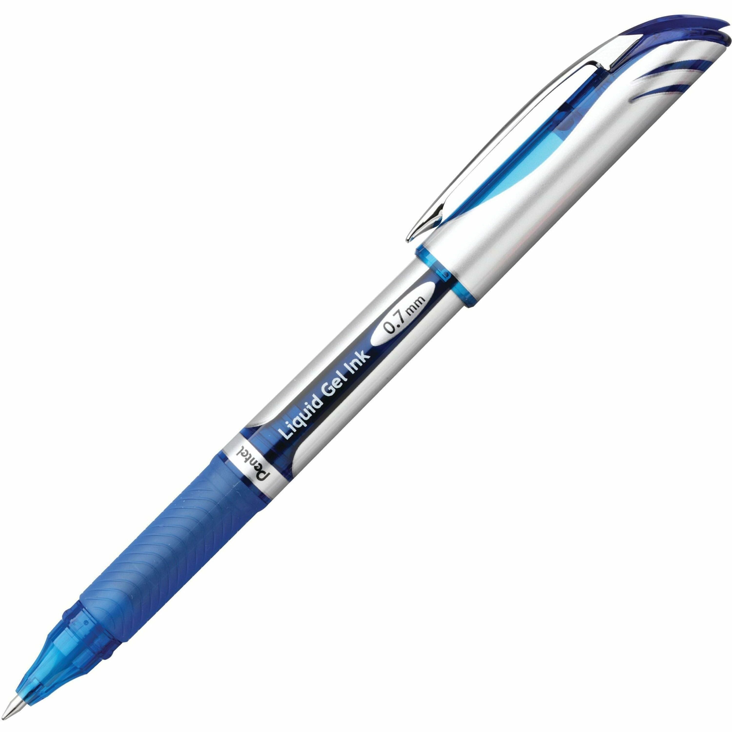 Pentel EnerGel Deluxe Rollerball Pen - 0.7 mm Medium Pen Point - Refillable - Blue Ink - Gel-based - Silver Barrel - 12 / Box