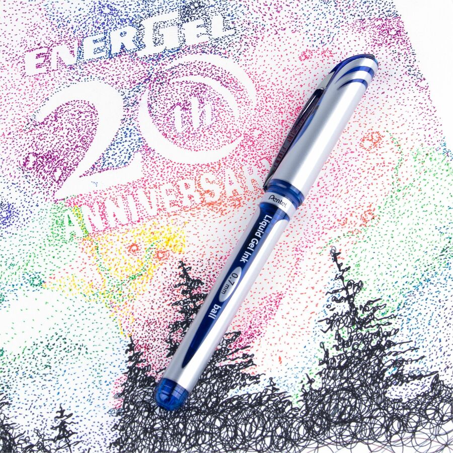 Pentel EnerGel Deluxe Rollerball Pen - 0.7 mm Medium Pen Point - Refillable - Blue Ink - Gel-based - Silver Barrel - 12 / Box