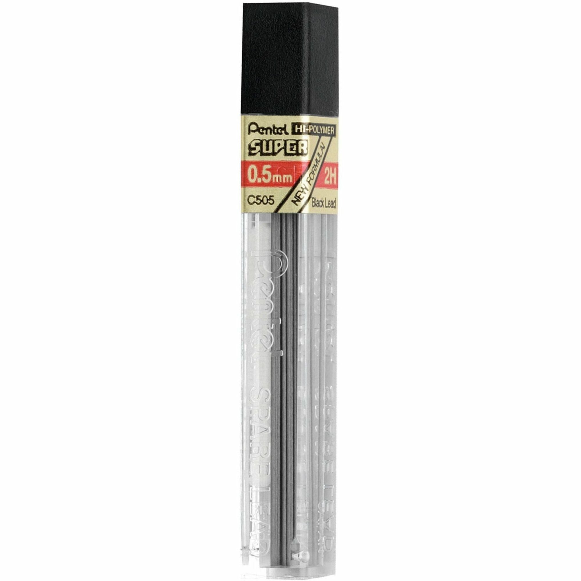 Pentel Super Hi-Polymer Leads - 0.5 mm , Fine Point - 2H - Black Lead - 12 / Tube