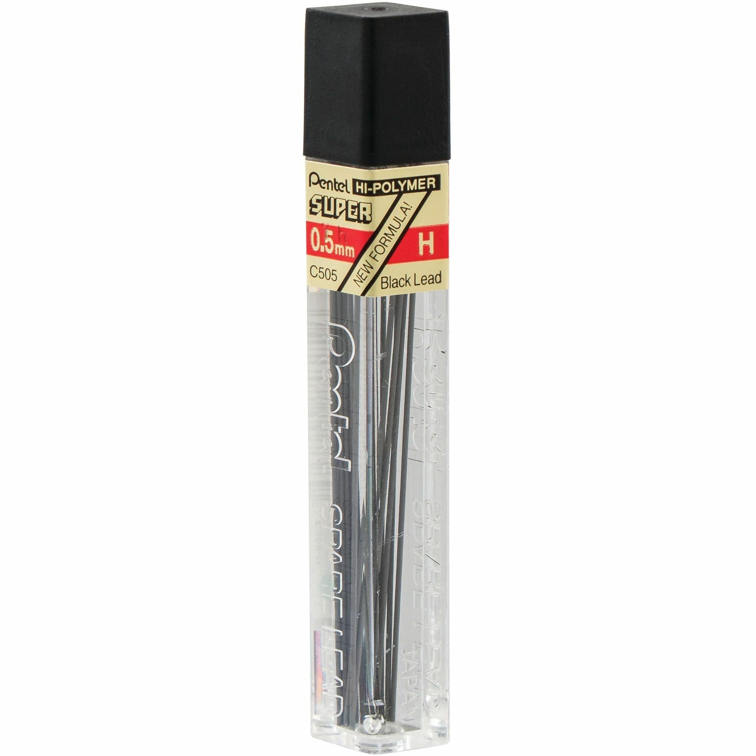 Pentel Super Hi-Polymer Leads - 0.5 mm , Fine Point - H - Black Lead - 12 / Tube