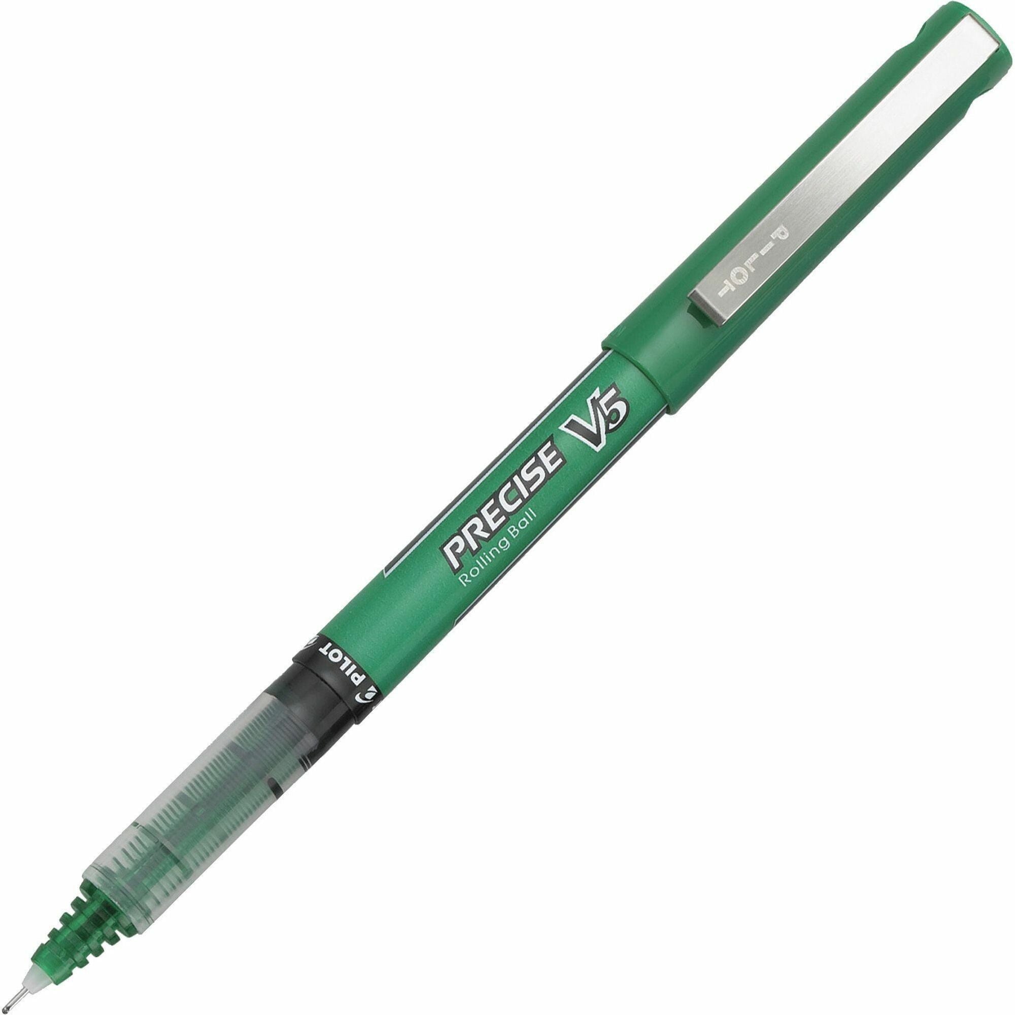 Pilot Precise V5 Extra-Fine Premium Capped Rolling Ball Pens - 0.5 mm Extra Fine Pen Point - Green Ink - Green Plastic Barrel - Writing - 1 Dozen