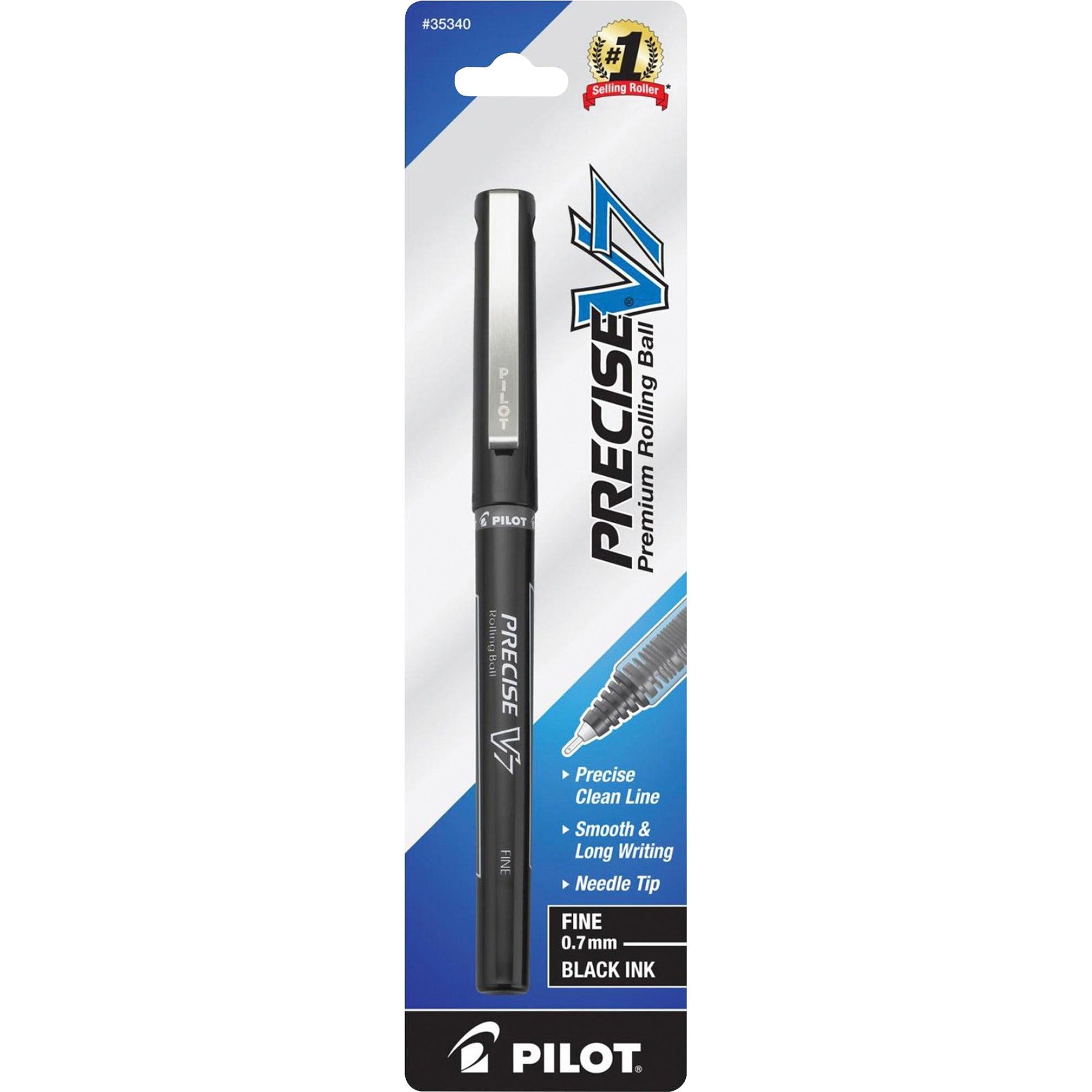 Pilot Precise V7 Fine Premium Capped Rolling Ball Pens - 0.7 mm Fine Pen Point - Black Ink - Black Plastic Barrel - 1 Pack