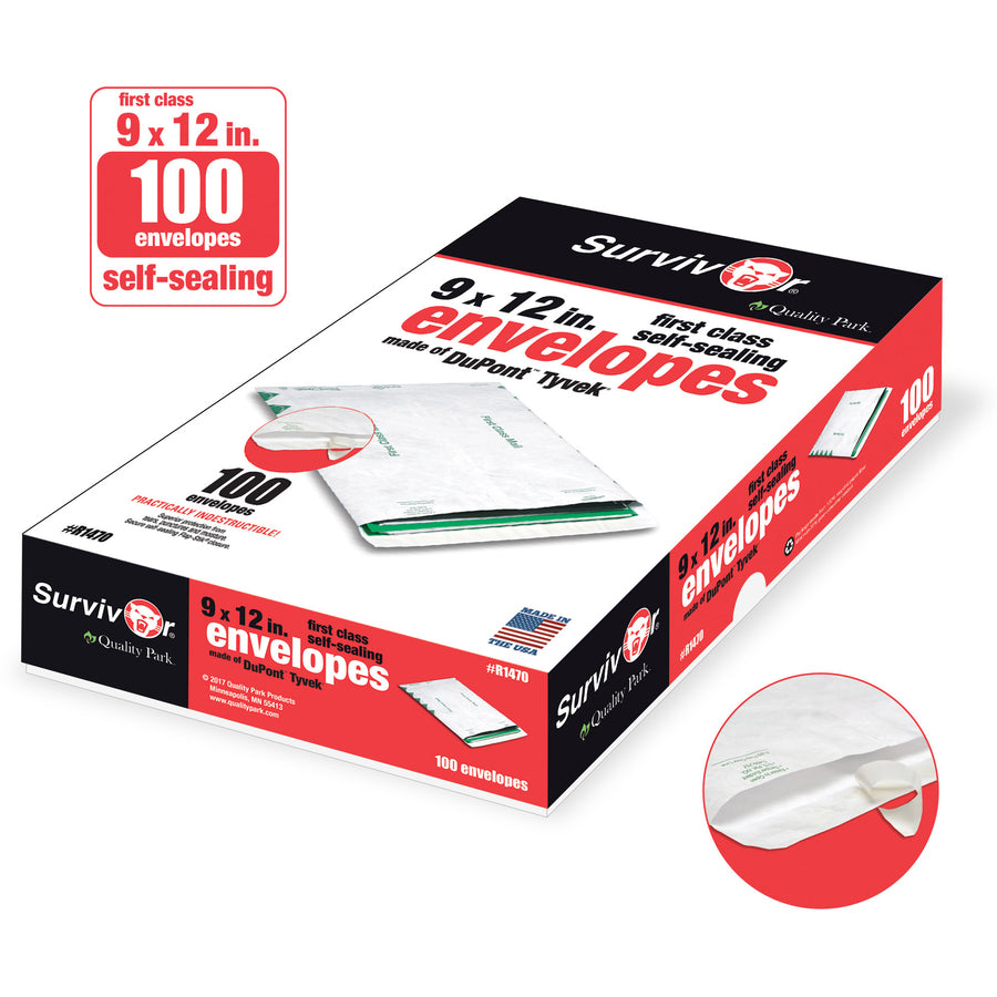 First Class Mail - #10 1/2 - 9" Width x 12" Length - 14 lb - Peel & Seal - White - Tyvek - 100 / Box