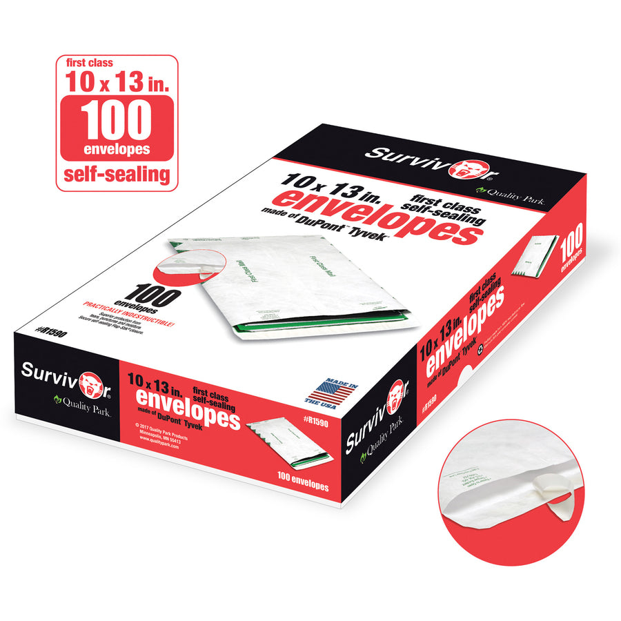 First Class Mail - #13 1/2 - 10" Width x 13" Length - 14 lb - Peel & Seal - White - Tyvek - 100 / Box