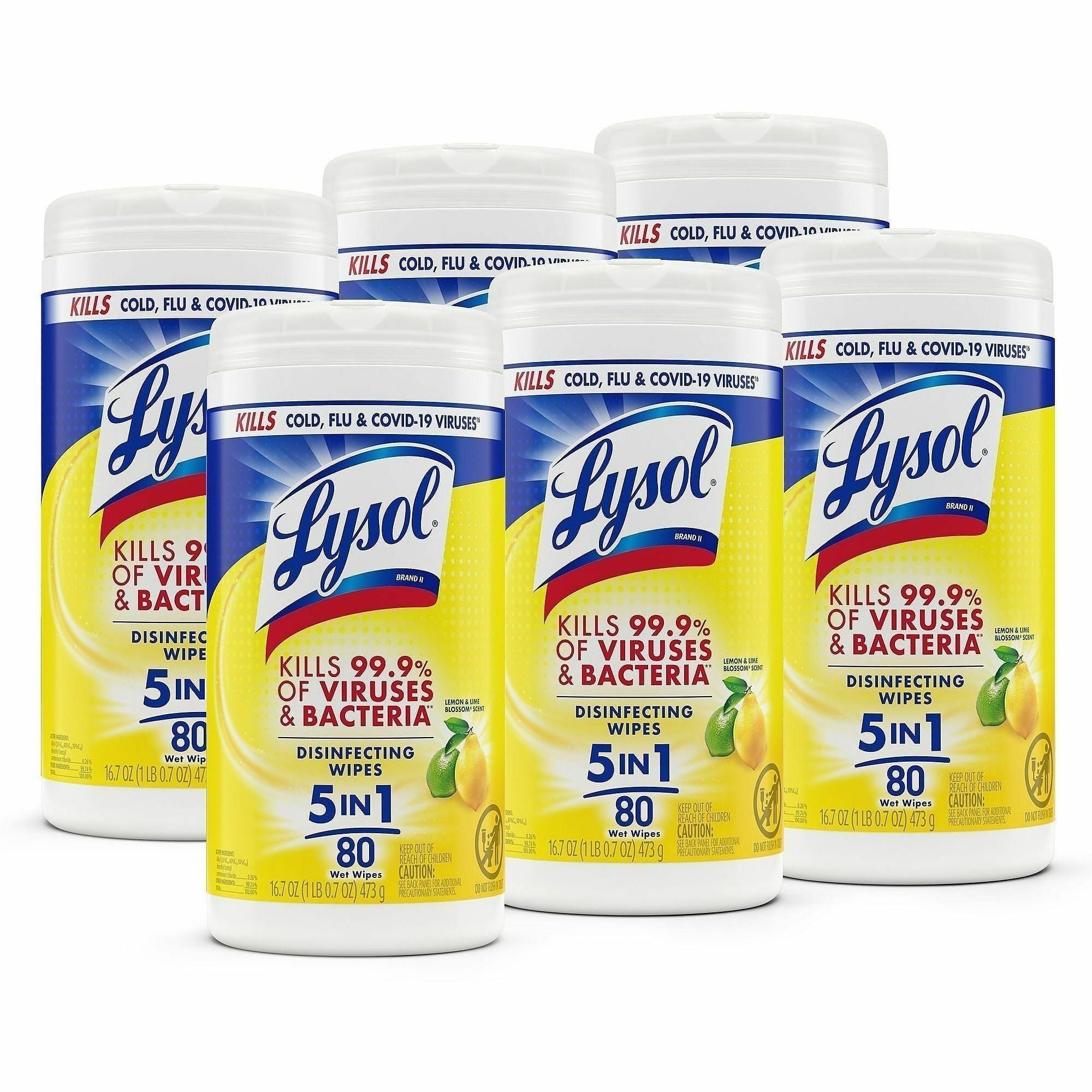 Lysol Disinfecting Wipes - Ready-To-Use - Lemon, Lime Blossom Scent - 7" Length x 7.25" Width - Bleach-free, Antibacterial, Disinfectant, Pre-moistened - White - 80/Tub - 6 / Carton