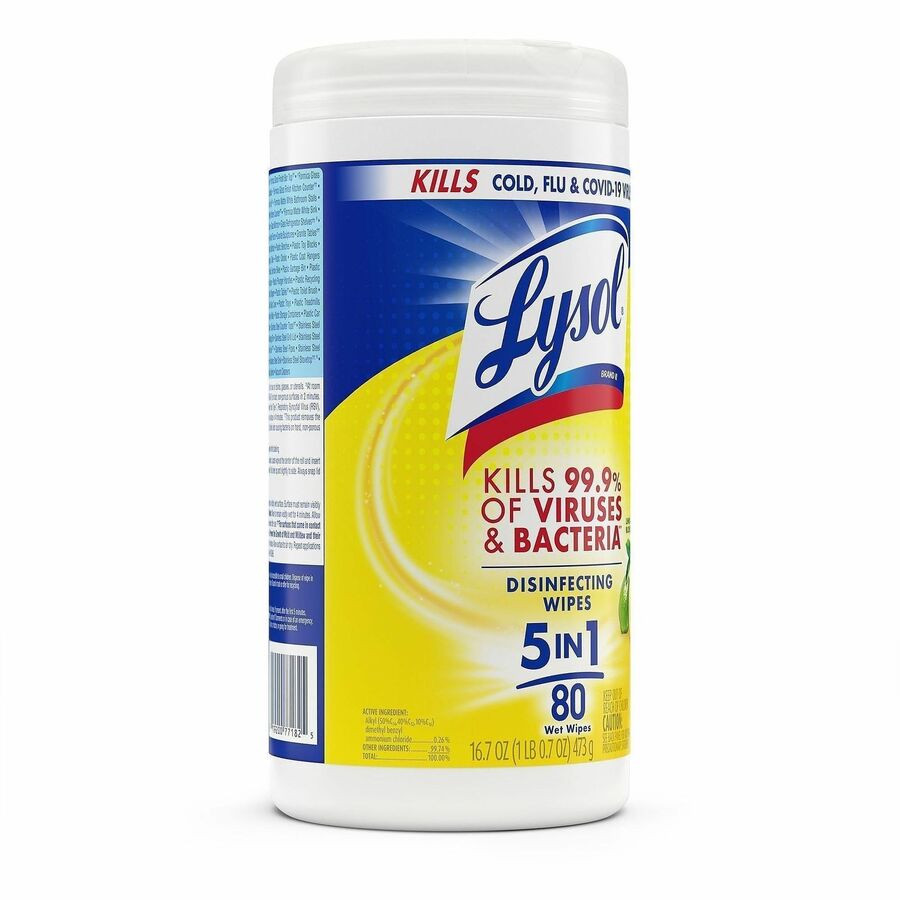 Lysol Disinfecting Wipes - Ready-To-Use - Lemon, Lime Blossom Scent - 7" Length x 7.25" Width - Bleach-free, Antibacterial, Disinfectant, Pre-moistened - White - 80/Tub - 6 / Carton