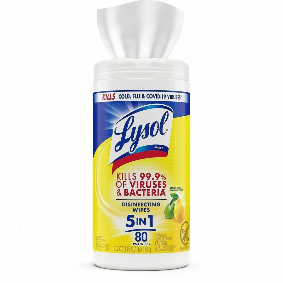 Lysol Disinfecting Wipes - Ready-To-Use - Lemon, Lime Blossom Scent - 7" Length x 7.25" Width - Bleach-free, Antibacterial, Disinfectant, Pre-moistened - White - 80/Tub - 6 / Carton