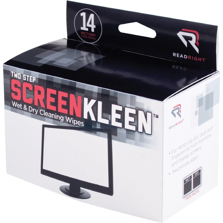 Read Right Kleen & Dry Screen Cleaners - For Display Screen - Pre-moistened, Lint-free, Anti-static, Anti-glare - 2 Sets/Packet - 1 Box