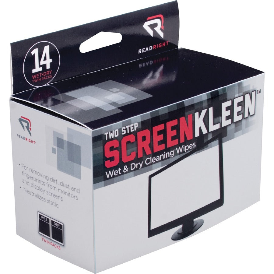 Read Right Kleen & Dry Screen Cleaners - For Display Screen - Pre-moistened, Lint-free, Anti-static, Anti-glare - 2 Sets/Packet - 1 Box