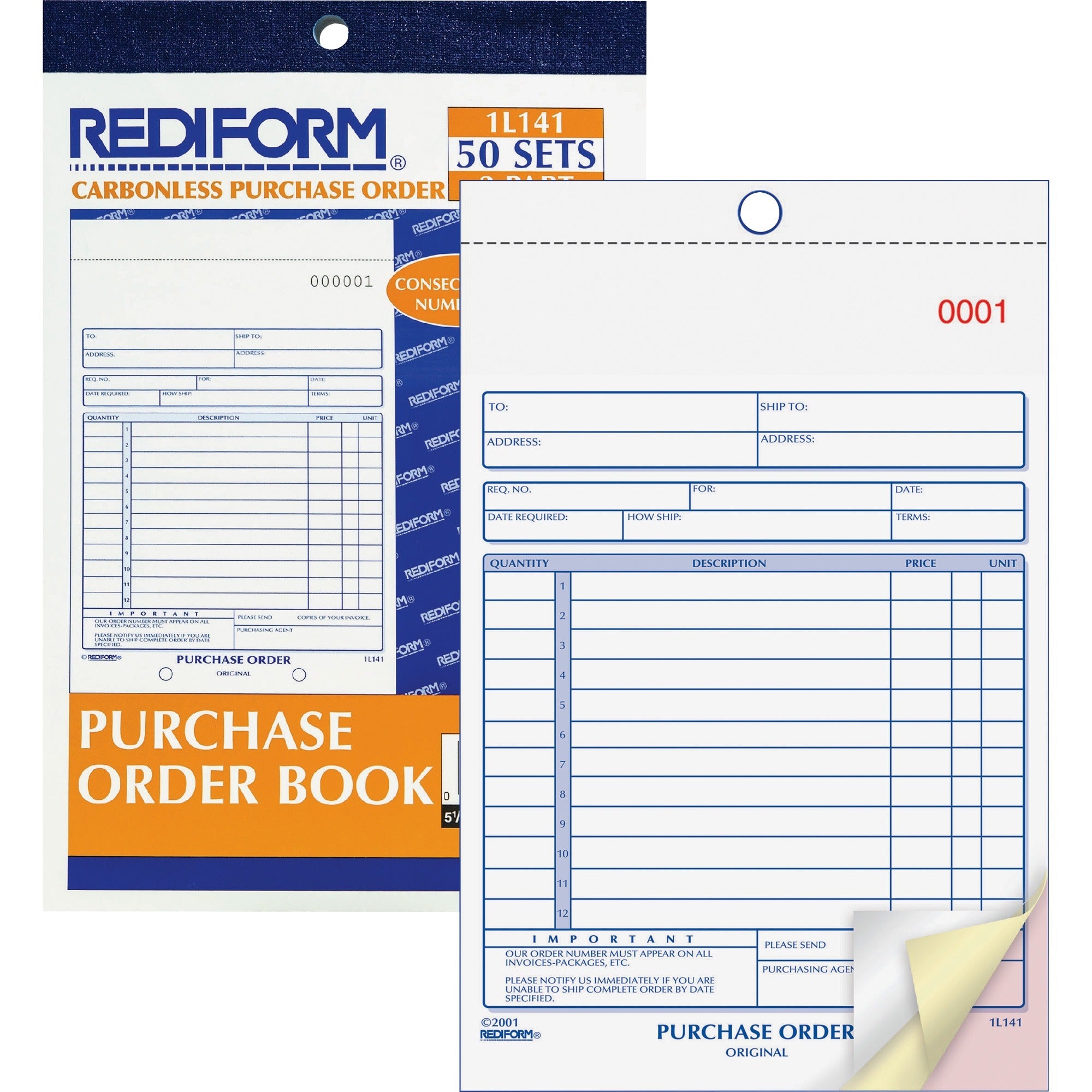50 Sheet(s) - 3 Part - Carbonless Copy - 5.50" x 7.87" Sheet Size - White, Canary, Pink - Blue Print Color - 1 Each