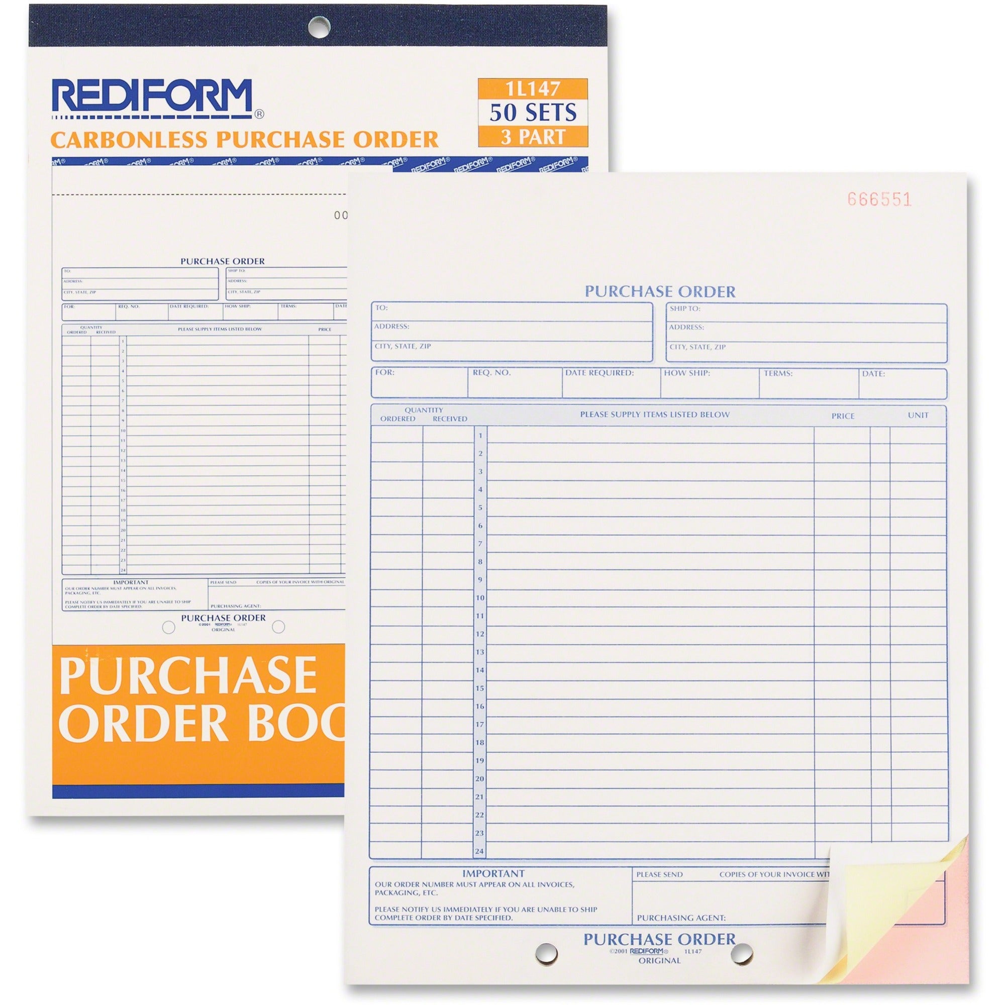 Rediform 2-part Carbonless Purchase Order Book - 3 Part - 8.50" x 11" Sheet Size - White, Canary, Pink - White Sheet(s) - 1 Each