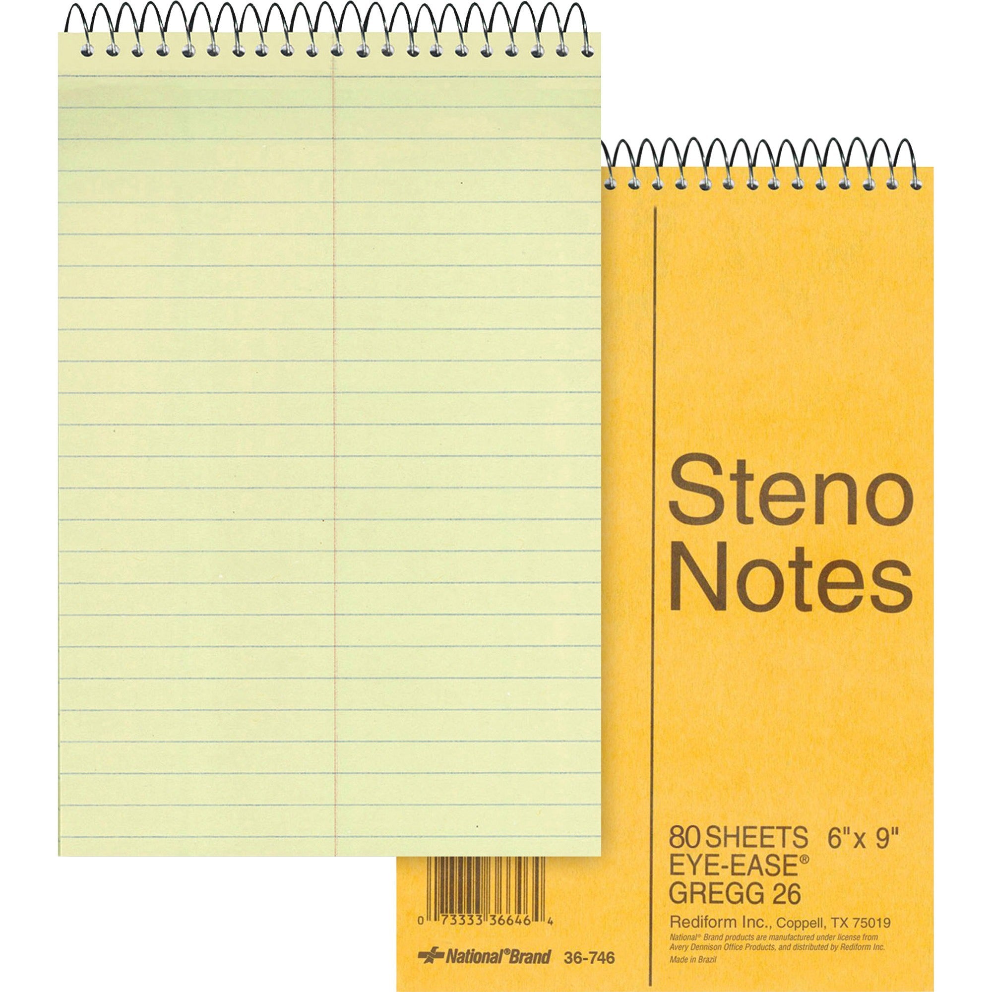 80 Sheets - Wire Bound - Gregg Ruled Margin - 16 lb Basis Weight - 6" x 9" Sheet Size - Green Paper - Brown Board Cover - Hard Cover, Rigid - 1 Each