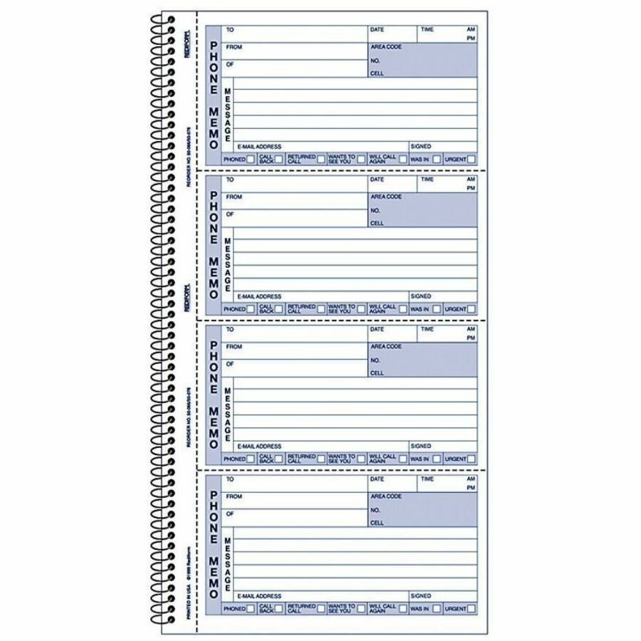 400 Sheet(s) - Spiral Bound - 2 Part - Carbonless Copy - 5.75" x 11" Sheet Size - White, Canary - Blue Print Color - 1 Each