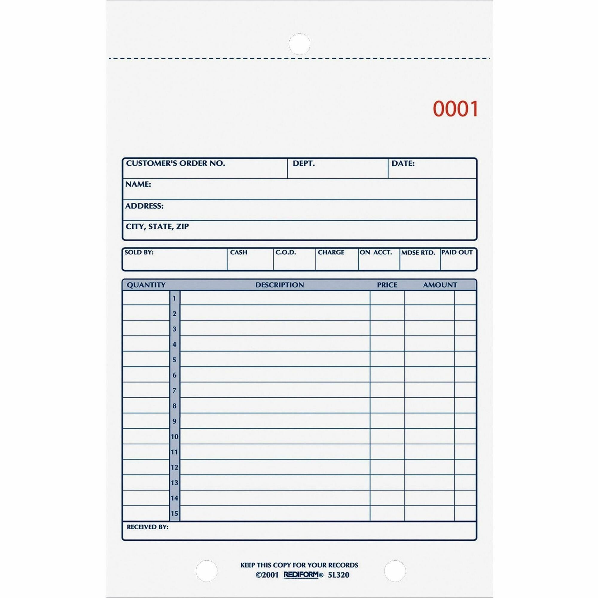 50 Sheet(s) - Stapled - 2 Part - Carbonless Copy - 5.50" x 7.87" Sheet Size - 2 x Holes - Assorted Sheet(s) - Blue Print Color - 1 Each