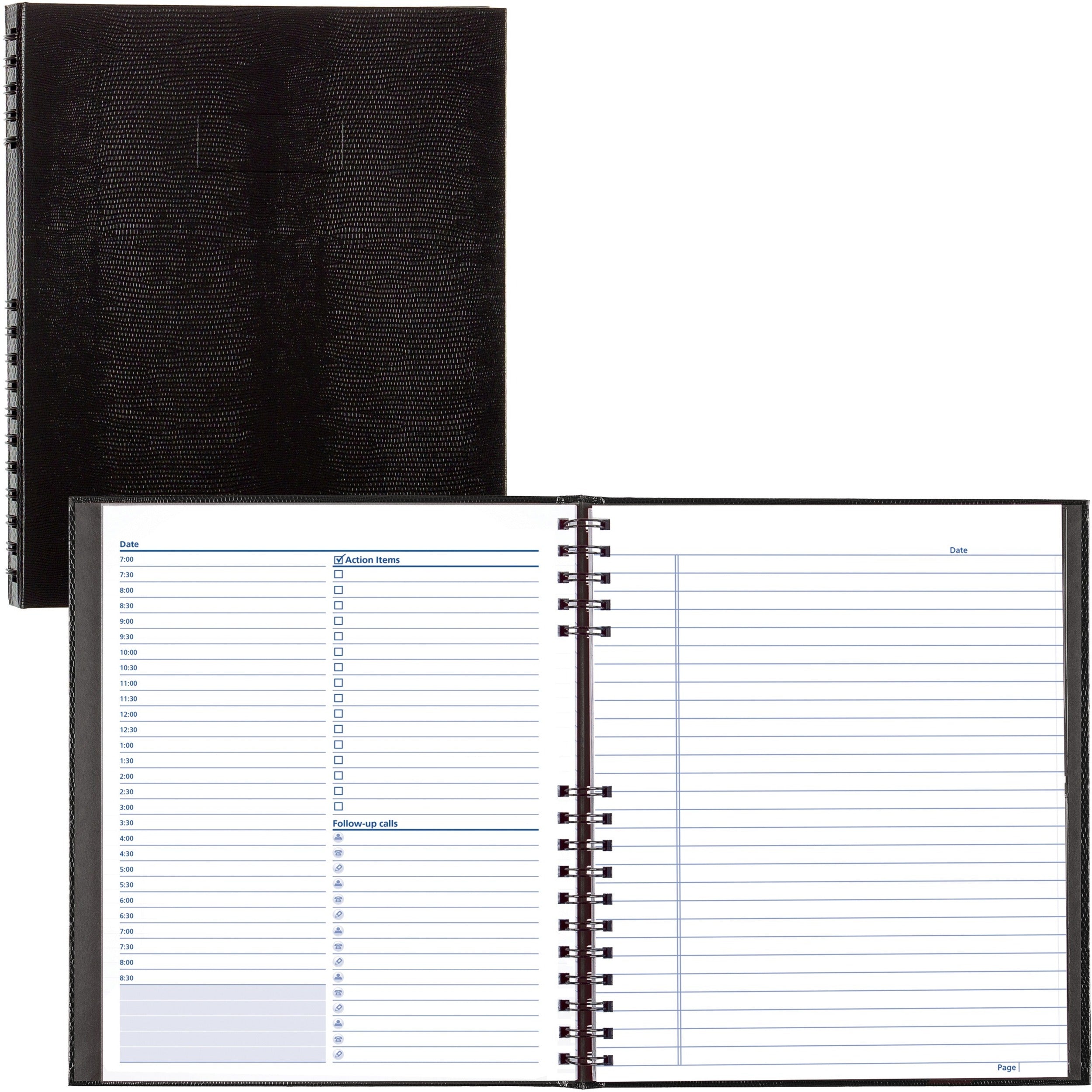 Daily - 7:00 AM to 8:30 PM - Half-hourly - 1 Day Double Page Layout - 11" x 8 1/2" Sheet Size - Twin Wire - Paper - Black Cover - Phone Directory, Pocket, Label, Acid-free, Address Directory, Pocket - 1 Each