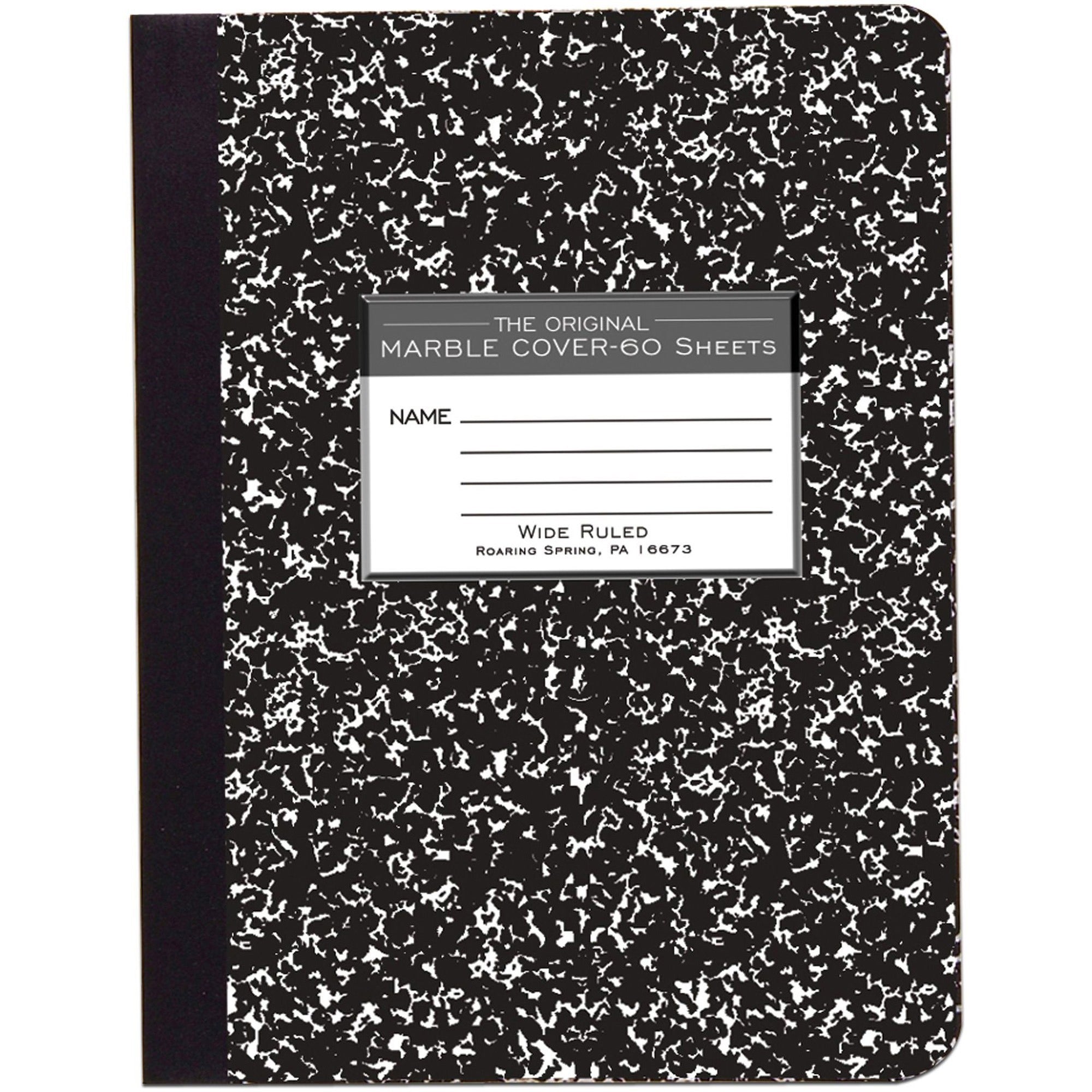 Roaring Spring Wide Ruled Hard Cover Composition Book, 60 Sheets, 120 Pages, 9 3/4" x 7 1/2", Black Marble Cover, 1 Each