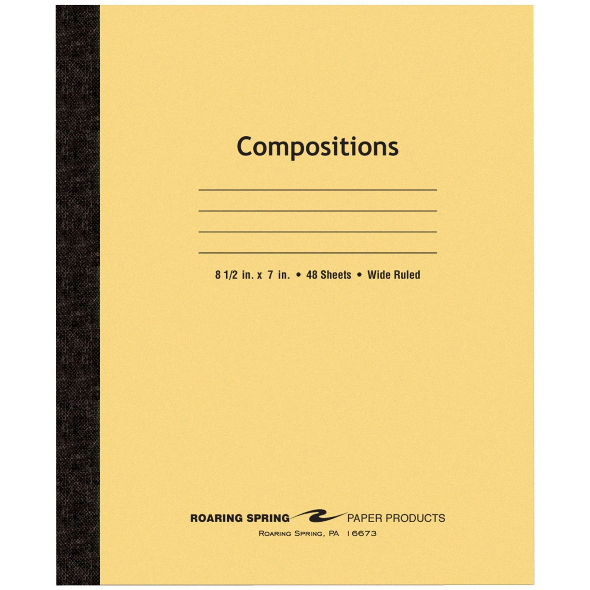 Roaring Spring Wide Ruled Flexible Cover Composition Book, 48 Sheets, 96 Pages, 8.5" x 7", White Paper, Manila Cover, Sewn/Tapebound, 1 Each