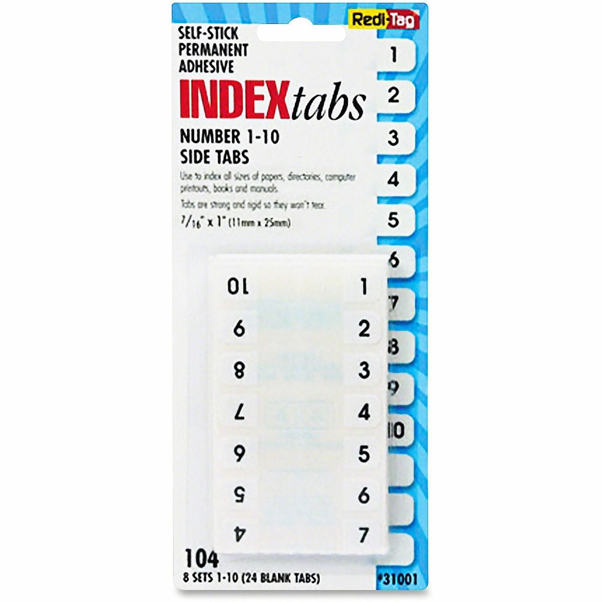 104 Printed Tab(s) - Digit - 1-10 - 1" Tab Height x 0.43" Tab Width - Self-adhesive, Permanent - White Plastic Tab(s) - 1 Pack