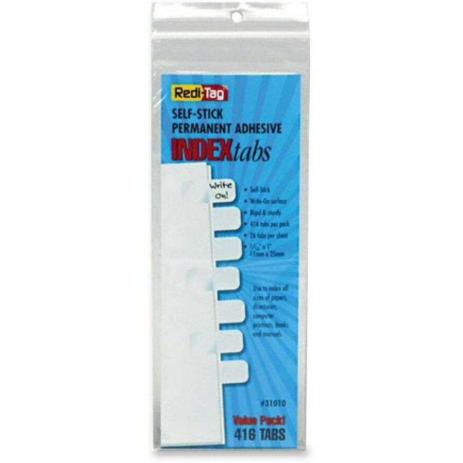 Redi-Tag Permanent Stick Write-On Index Tabs - 416 Write-on Tab(s) - 1" Tab Height x 0.43" Tab Width - Self-adhesive, Permanent - White Plastic Tab(s) - 1 Pack