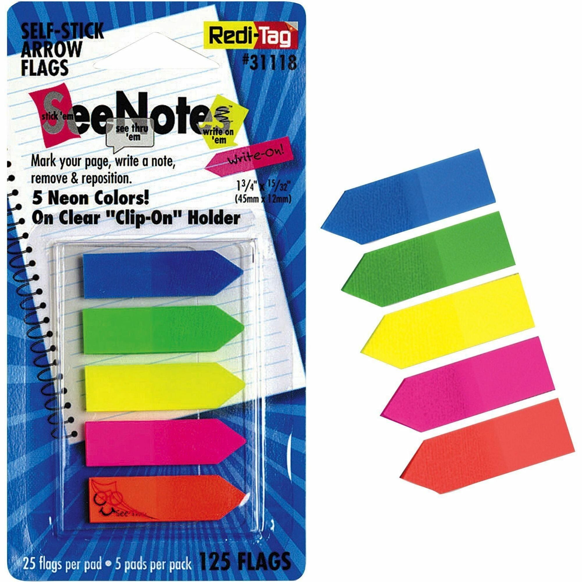 25 x Neon Blue, 25 x Lime, 25 x Lemon, 25 x Pink, 25 x Tangerine - 29/64" Flag/Note Width x 1 3/4" Flag/Note Length - Arrow - Assorted - Removable, See-through, Self-adhesive - Dispenser Included - 1 Pack