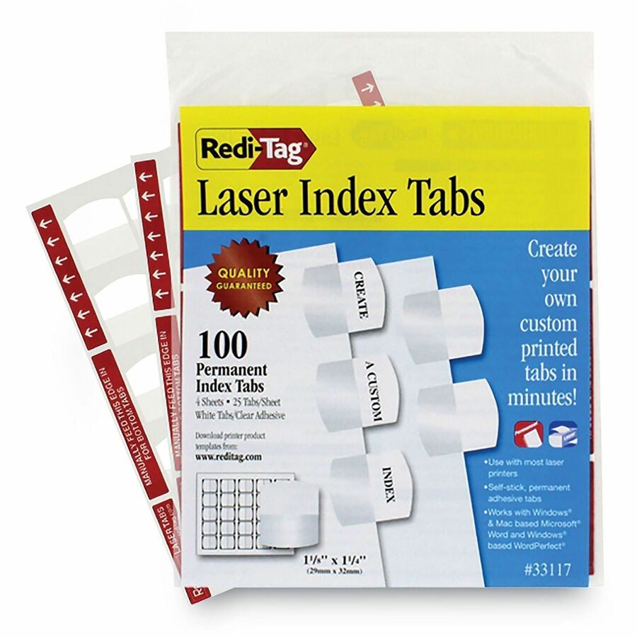 100 Blank Tab(s) - 1.25" Tab Height x 1.12" Tab Width - Self-adhesive, Permanent - White Tab(s) - Non-toxic - 100 / Pack