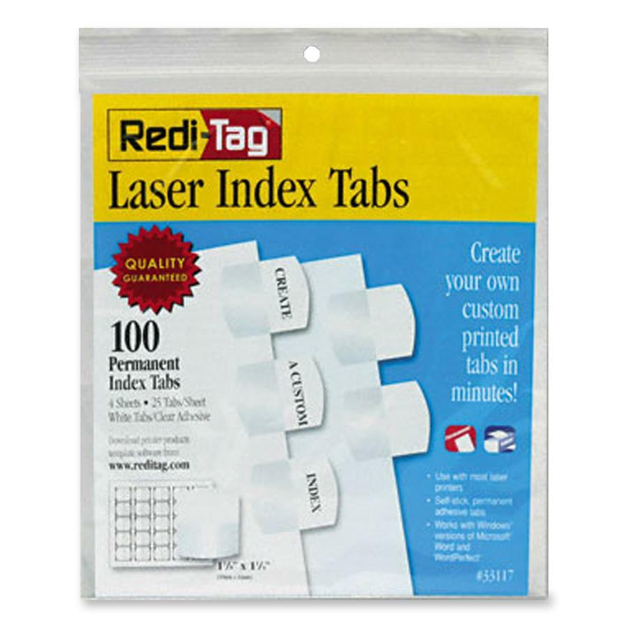 100 Blank Tab(s) - 1.25" Tab Height x 1.12" Tab Width - Self-adhesive, Permanent - White Tab(s) - Non-toxic - 100 / Pack