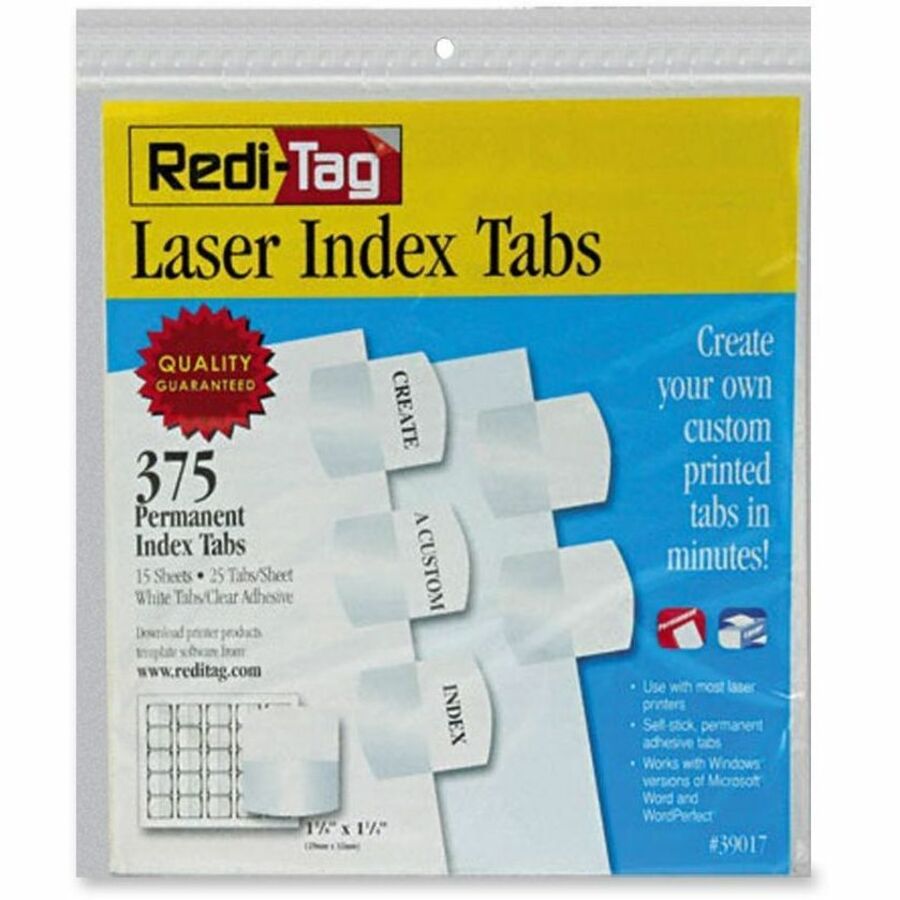 Redi-Tag Laser Printable Index Tabs - 375 Blank Tab(s) - 1.25" Tab Height x 1.12" Tab Width - Self-adhesive, Permanent - White Tab(s) - Non-toxic - 1 Pack
