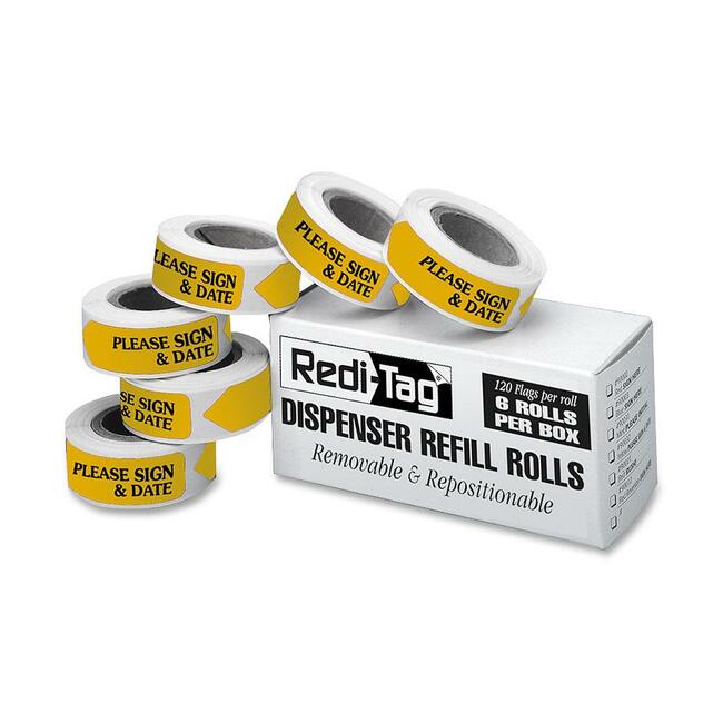 720 x Yellow - 1 7/8" Flag/Note Width x 9/16" Flag/Note Length - Arrow - Please Sign & Date - Yellow - Removable, Self-adhesive - 120/Roll - 1 Box