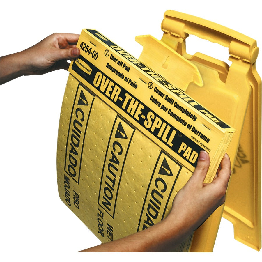 Rubbermaid Commercial Bilingual Over-The-Spill Pads - English, Spanish - Print/Message "Caution Wet Floor" - 14" Width x 14" Height - Wall Mountable - Strong, Absorbent, Portable - Indoor, Outdoor - Polypropylene - Yellow - 22 / Pack