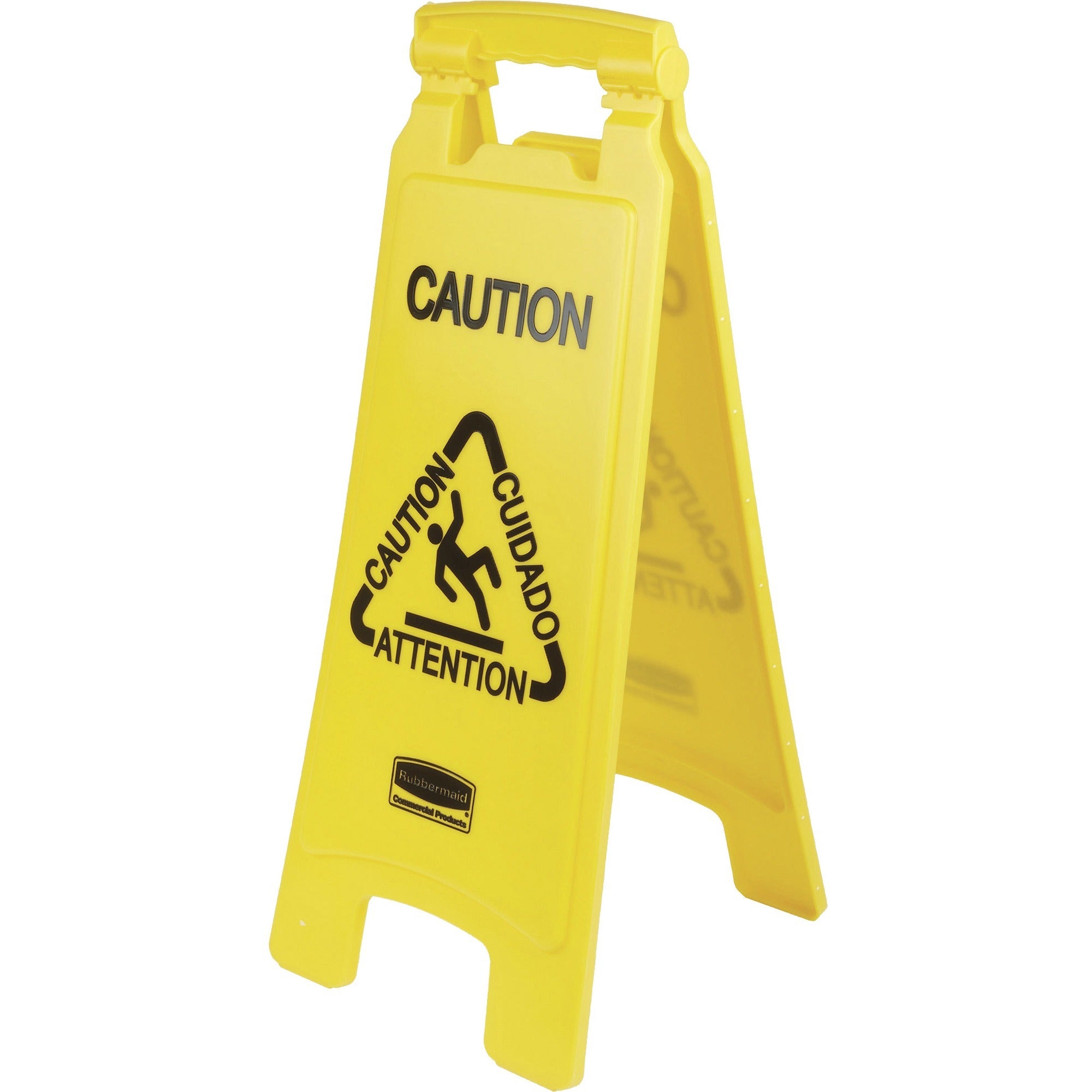 Rubbermaid Commercial Multi-Lingual Caution Floor Sign - English, Spanish, French, German - Print/Message "CAUTION" - 11" Width x 25" Height x 26" Depth - Rectangular Shape - Foldable, Lightweight, Durable, Multilingual - Yellow - 1 Each