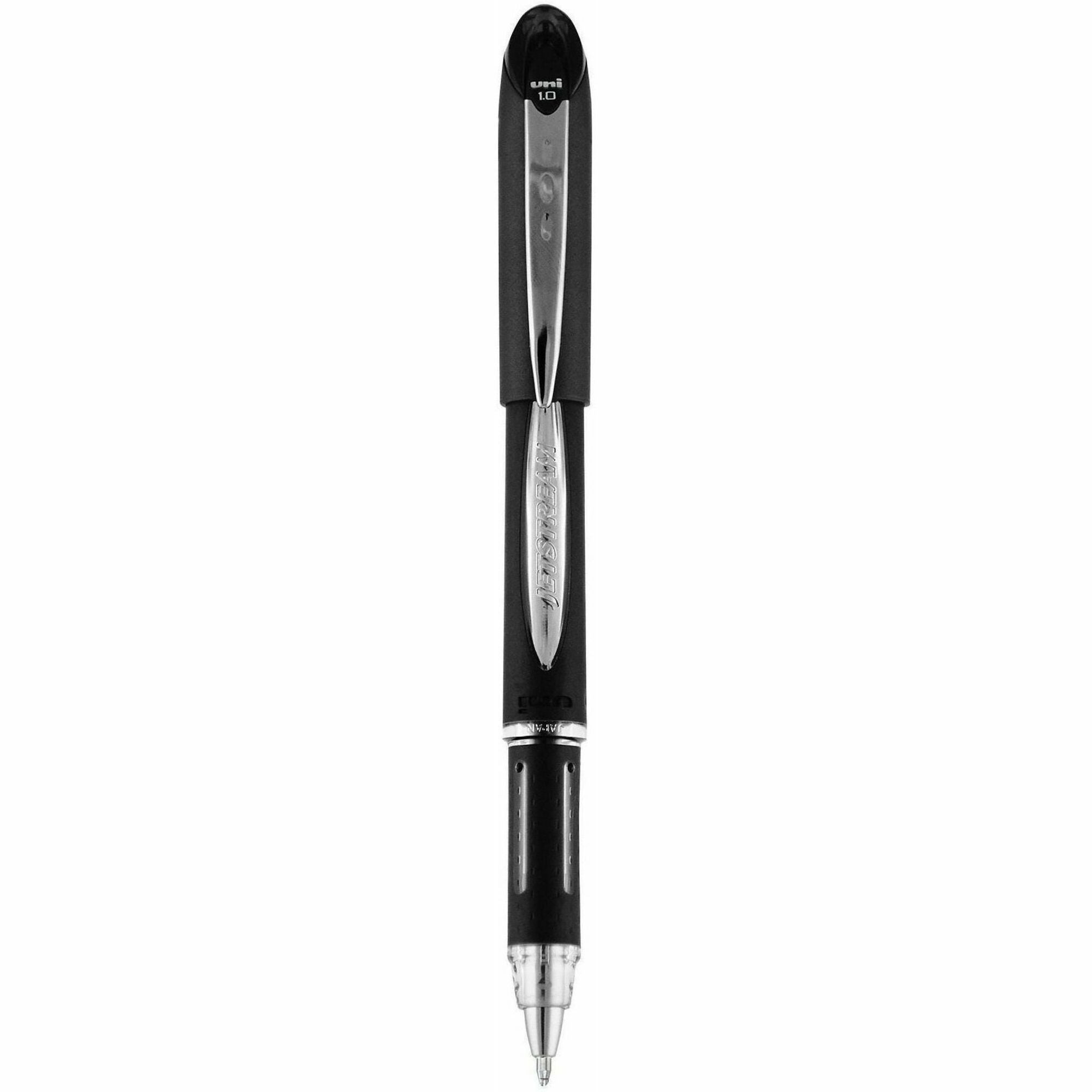 uniball™ Jetstream Ballpoint Pens - 1 mm Medium Pen Point - Refillable - Black Ink - Pigment-based - Black Stainless Steel Barrel - 1 Dozen
