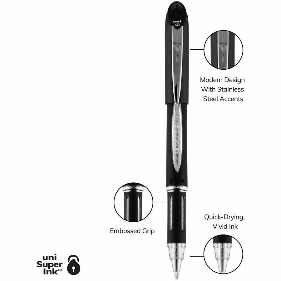 uniball™ Jetstream Ballpoint Pens - 1 mm Medium Pen Point - Refillable - Black Ink - Pigment-based - Black Stainless Steel Barrel - 1 Dozen