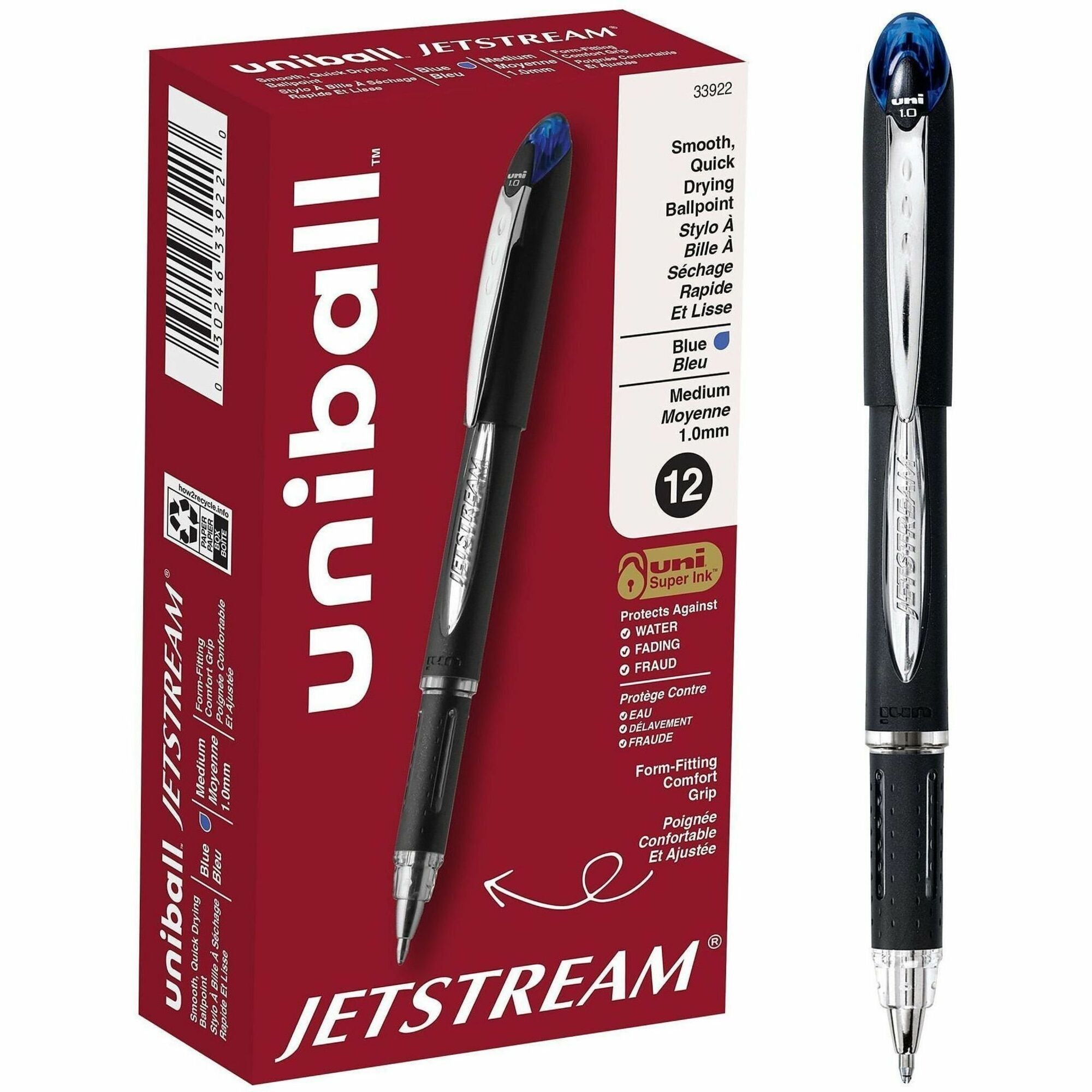 uniball™ Jetstream Ballpoint Pens - 1 mm Medium Pen Point - Blue Ink - Pigment-based - Black Stainless Steel Barrel - 1 Dozen