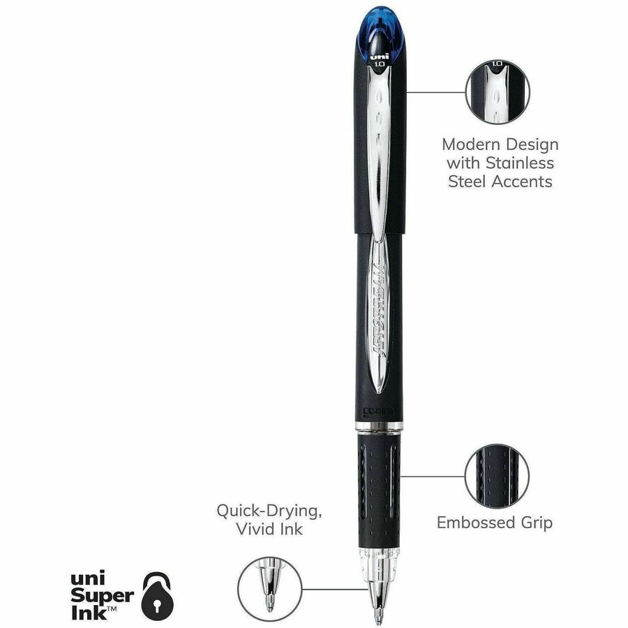 uniball™ Jetstream Ballpoint Pens - 1 mm Medium Pen Point - Blue Ink - Pigment-based - Black Stainless Steel Barrel - 1 Dozen