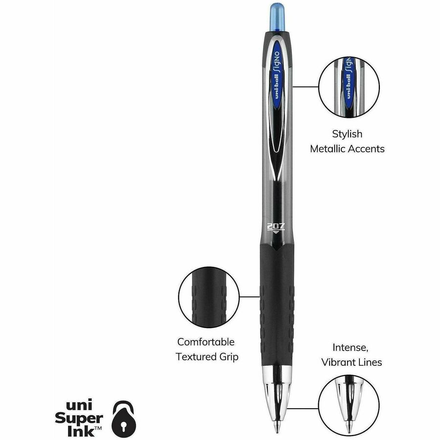 uniball™ 207 Gel Pen - 0.7 mm Medium Pen Point - Refillable - Retractable - Blue Ink - Gel-based - 1 Dozen