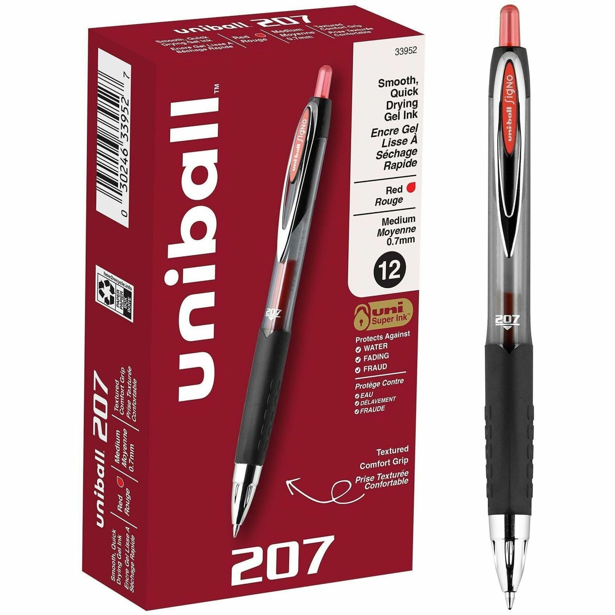 uniball™ 207 Gel Pen - 0.7 mm Medium Pen Point - Refillable - Retractable - Red Ink - Gel-based - 1 Dozen