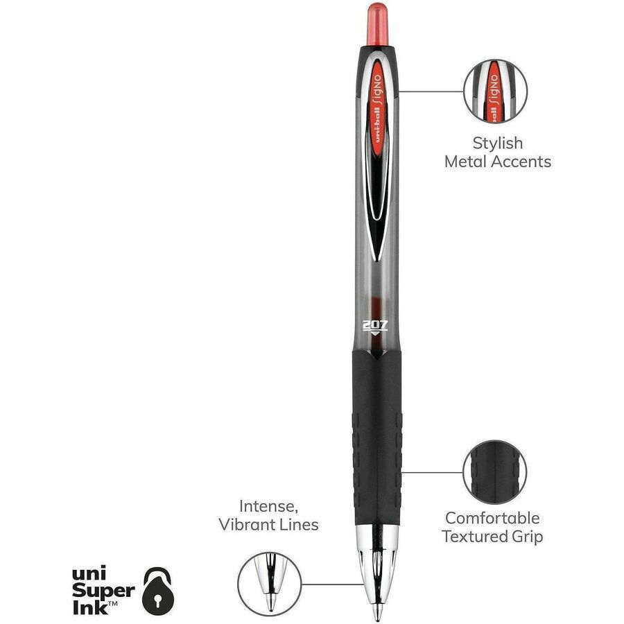 uniball™ 207 Gel Pen - 0.7 mm Medium Pen Point - Refillable - Retractable - Red Ink - Gel-based - 1 Dozen