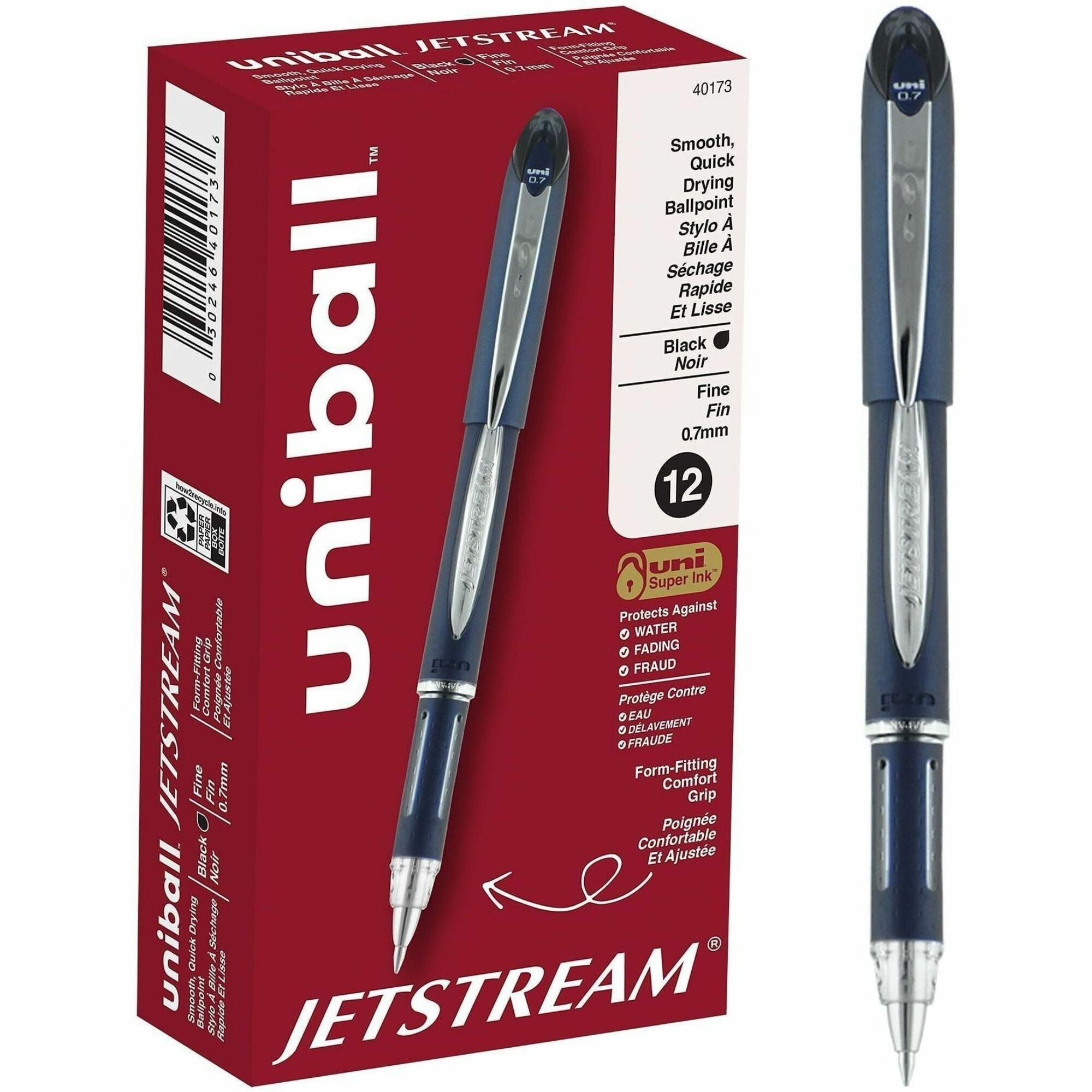 uniball™ Jetstream Ballpoint Pen - 0.7 mm Fine Pen Point - Black Ink - Pigment-based - Blue Stainless Steel Barrel - 1 Dozen