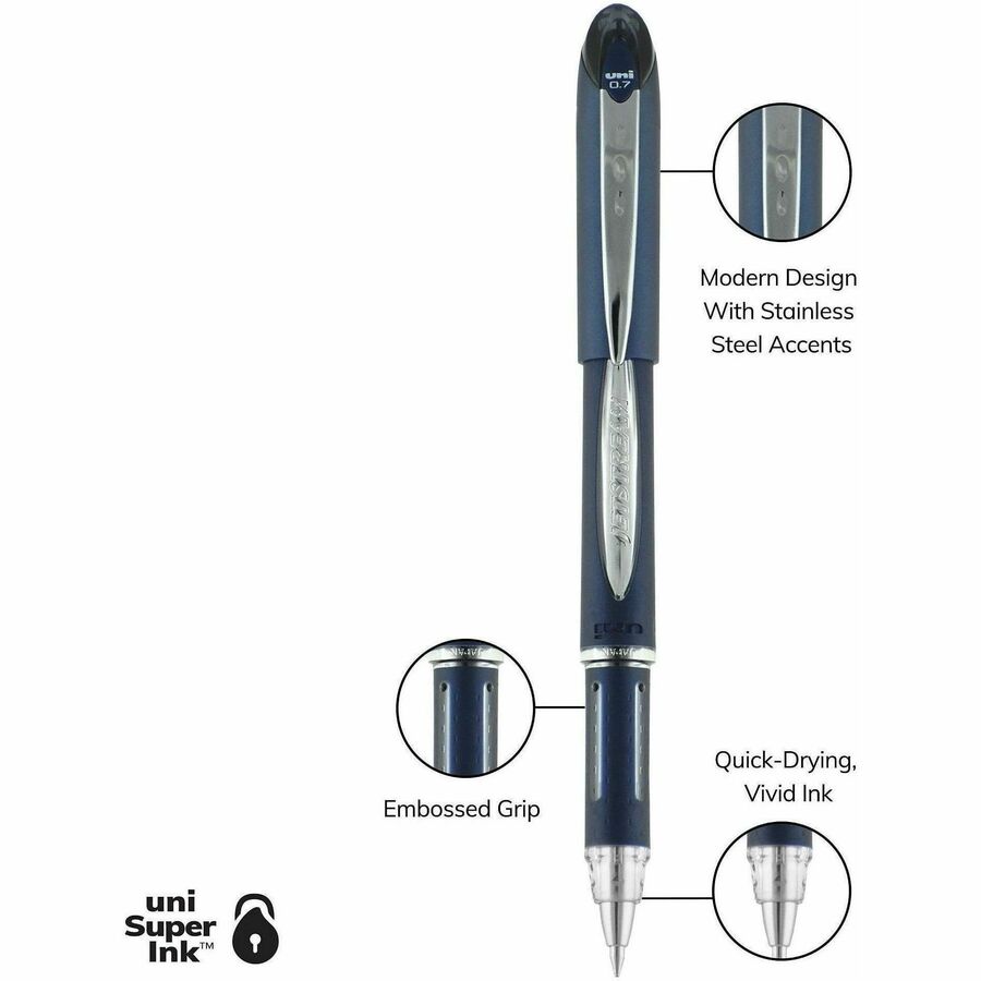 uniball™ Jetstream Ballpoint Pen - 0.7 mm Fine Pen Point - Black Ink - Pigment-based - Blue Stainless Steel Barrel - 1 Dozen