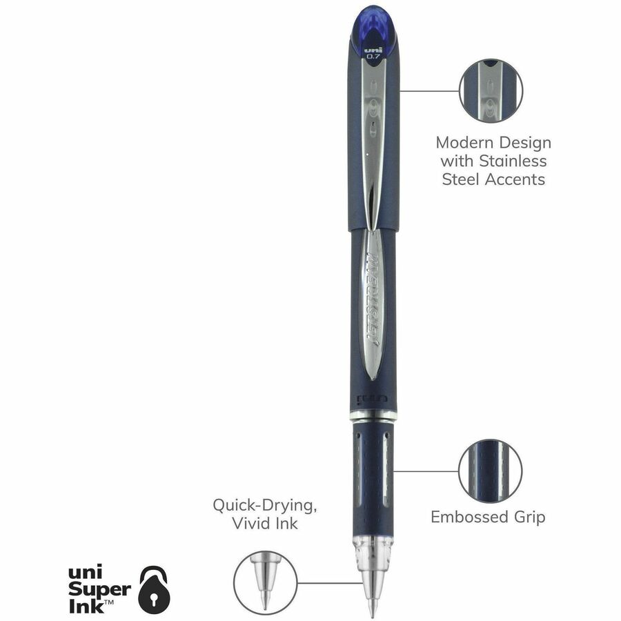 uniball™ Jetstream Ballpoint Pen - 0.7 mm Fine Pen Point - Blue Ink - Pigment-based - Blue Stainless Steel Barrel - 1 Each