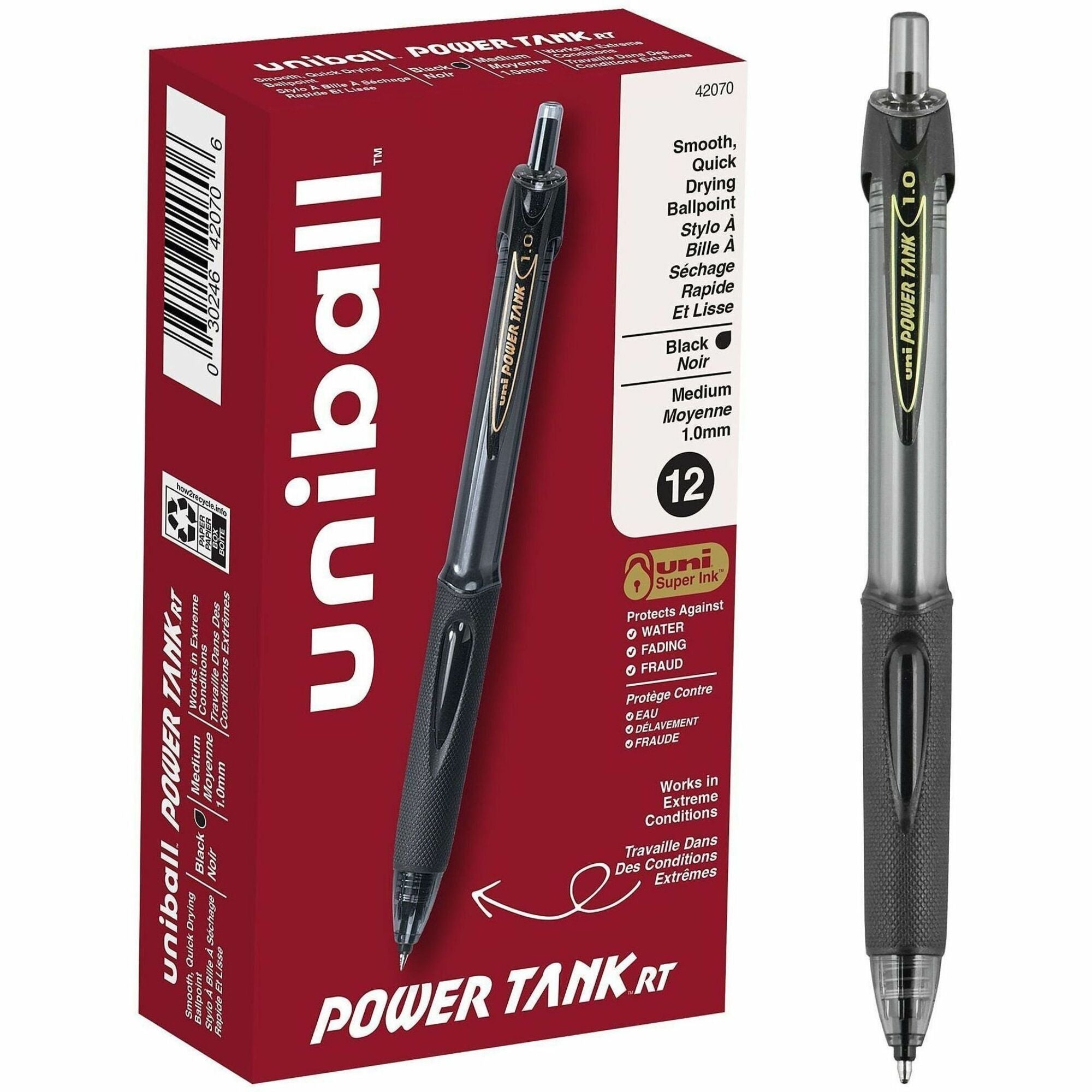 uniball™ Power Tank Retractable Ballpoint Pens - 1 mm Medium Pen Point - Refillable - Retractable - Black Ink - Black Barrel - 1 Dozen