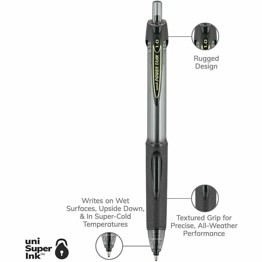 uniball™ Power Tank Retractable Ballpoint Pens - 1 mm Medium Pen Point - Refillable - Retractable - Black Ink - Black Barrel - 1 Dozen